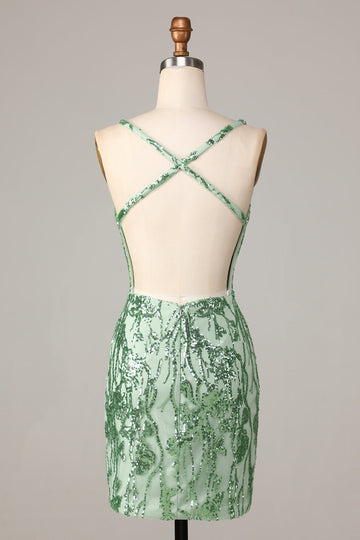 Gör Magic Sheath V-Neck Green Paljetter Kort Homecoming Klänning med rygglös
